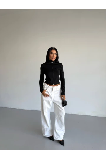 Kadın Siyah Dalgıç Kumaş Fermuar Kapamalı Parmak Geçirmeli Sweatshirt HZL25W-FRY123441