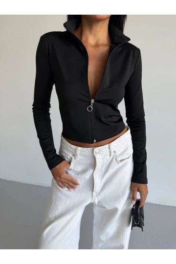 Kadın Siyah Dalgıç Kumaş Fermuar Kapamalı Parmak Geçirmeli Sweatshirt HZL25W-FRY123441