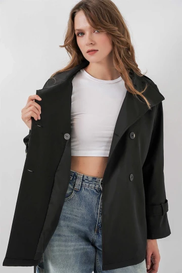 Kadın Siyah Dik Yaka Kuşaklı Astarlı Kısa Trençkot HZL25W-BD159801