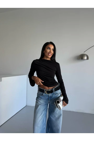 Kadın Siyah Drape Detaylı İspanyol Kol Sany Bluz HZL25W-FRY123431