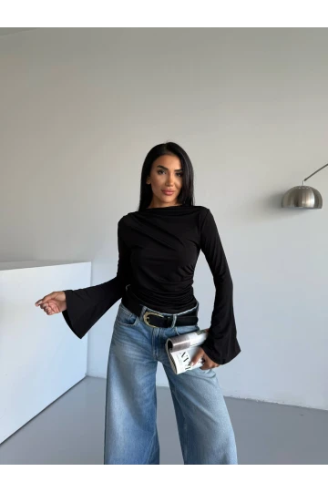 Kadın Siyah Drape Detaylı İspanyol Kol Sany Bluz HZL25W-FRY123431