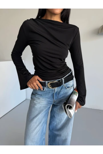 Kadın Siyah Drape Detaylı İspanyol Kol Sany Bluz HZL25W-FRY123431