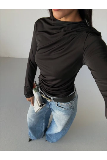 Kadın Siyah Drape Detaylı İspanyol Kol Sany Bluz HZL25W-FRY123431