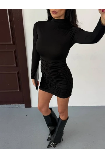 Kadın Siyah Esnek Kumaş Boğazlı Uzun Kollu Drape Detay Mini Elbise HZL25W-FRY123551