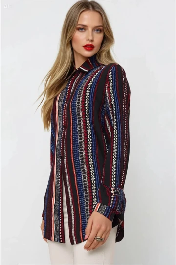 Kadın Siyah Etnik Desenli Çok Renkli Viskon Gömlek HZL23W-BD137851