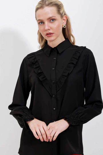 Kadın Siyah Fırfır Detaylı Uzun Kollu Şık Gömlek HZL25W-BD1202231