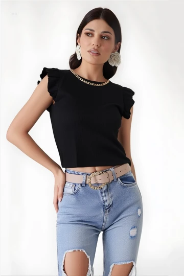 Kadın Siyah Fırfır Kollu Zincir Kolyeli Örme Bluz HZL22S-BD104301