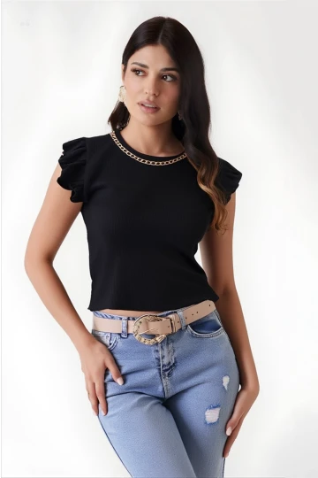 Kadın Siyah Fırfır Kollu Zincir Kolyeli Örme Bluz HZL22S-BD104301