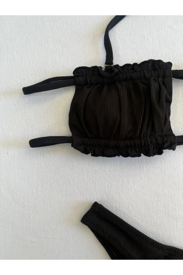 Kadın Siyah İp Bağlamalı Büzgülü Straplez Bikini Takım HZL25S-LC2226