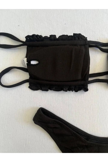 Kadın Siyah İp Bağlamalı Büzgülü Straplez Bikini Takım HZL25S-LC2226