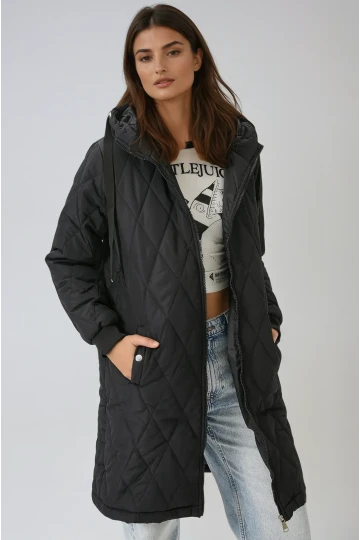 Kadın Siyah Kapitone Uzun Şişme Mont HZL22W-BD151381