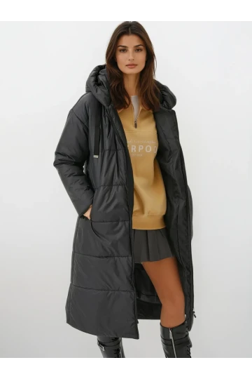 Kadın Siyah Kapşonlu Uzun Oversize Şişme Mont HZL22W-BD151201