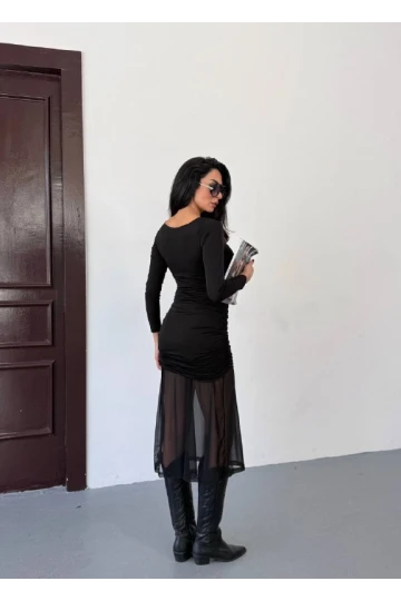 Kadın Siyah Kare Yaka Eteği Tül Elbise HZL25W-FRY123561