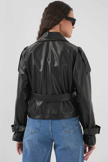 Kadın Siyah Kemerli Astarlı Suni Deri Ceket HZL25W-BD110461