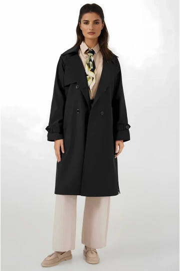 Kadın Siyah Kruvaze Yaka Kuşaklı Astarlı Trençkot HZL25W-BD159181