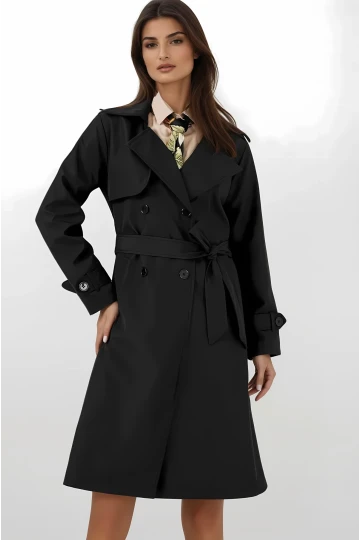 Kadın Siyah Kruvaze Yaka Kuşaklı Astarlı Trençkot HZL25W-BD159181