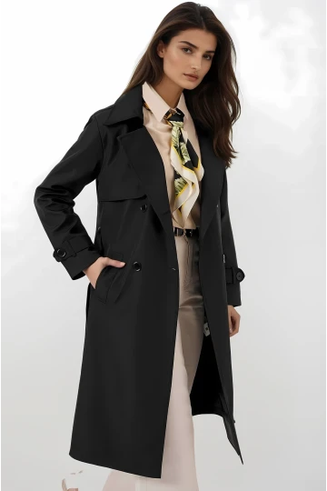 Kadın Siyah Kruvaze Yaka Kuşaklı Astarlı Trençkot HZL25W-BD159181