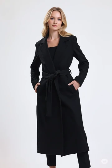 Kadın Siyah Kuşaklı Cepli Uzun Kaşe Kaban HZL25W-BD191471