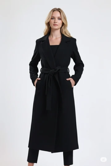 Kadın Siyah Kuşaklı Cepli Uzun Kaşe Kaban HZL25W-BD191471