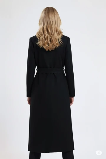 Kadın Siyah Kuşaklı Cepli Uzun Kaşe Kaban HZL25W-BD191471