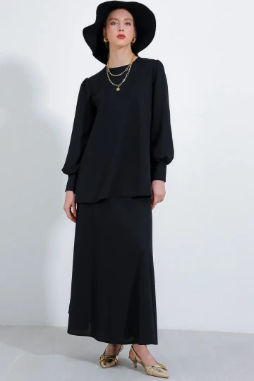 Kadın Siyah Örme Etek Tunik Alt Üst Takım HZL25S-BD180141