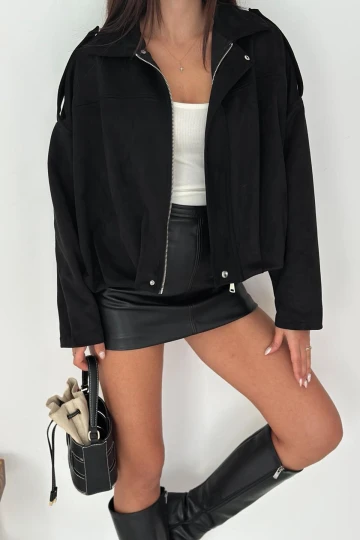 Kadın Siyah Oversize Fermuar ve Çıt Çıt Kapamalı Cepsiz Süet Deri Ceket HZL25W-BD107301