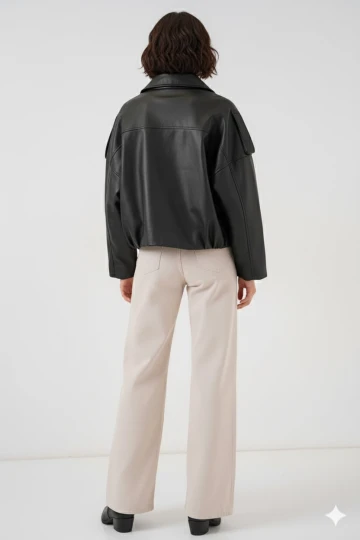 Kadın Siyah Oversize Fermuarlı ve Düğmeli Yandan Cepli Suni Deri Ceket HZL25W-BD110551