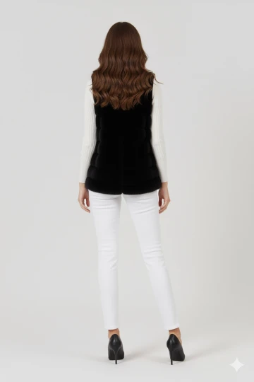 Kadın Siyah Şık Peluş Fermuarsız Suni Kürk Yelek HZL25W-DSB120061