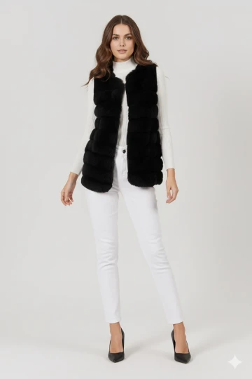 Kadın Siyah Şık Peluş Fermuarsız Suni Kürk Yelek HZL25W-DSB120061