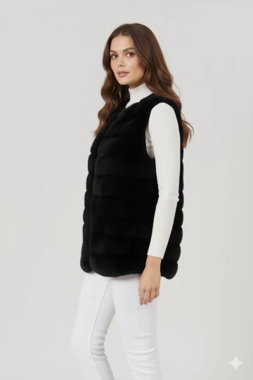 Kadın Siyah Şık Peluş Fermuarsız Suni Kürk Yelek HZL25W-DSB120061