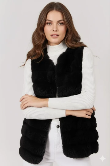 Kadın Siyah Şık Peluş Fermuarsız Suni Kürk Yelek HZL25W-DSB120061