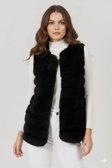 Kadın Siyah Şık Peluş Fermuarsız Suni Kürk Yelek HZL25W-DSB120061