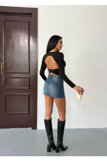 Kadın Siyah Sırt Dekolteli  Uzun Kollu Sandy Bluz HZL25W-FRY123381