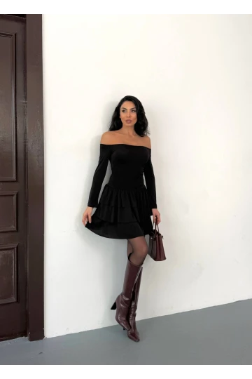 Kadın Siyah Straplez Yaka Kat Kat Etek Detaylı Mini Elbise HZL25W-FRY123581