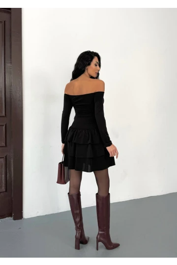 Kadın Siyah Straplez Yaka Kat Kat Etek Detaylı Mini Elbise HZL25W-FRY123581