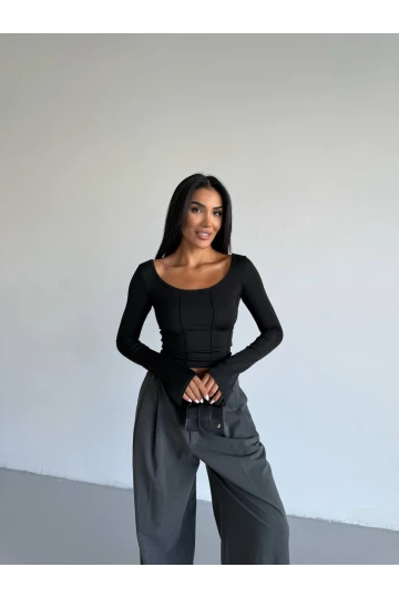 Kadın Siyah Uzun Kollu Arkası Bağlamalı Fit Kesim Crop Bluz HZL25W-FRY122771