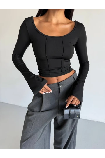 Kadın Siyah Uzun Kollu Arkası Bağlamalı Fit Kesim Crop Bluz HZL25W-FRY122771