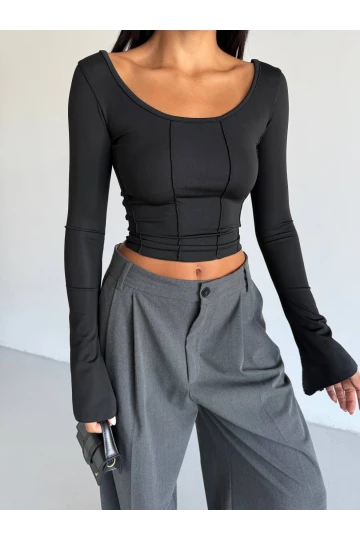 Kadın Siyah Uzun Kollu Arkası Bağlamalı Fit Kesim Crop Bluz HZL25W-FRY122771