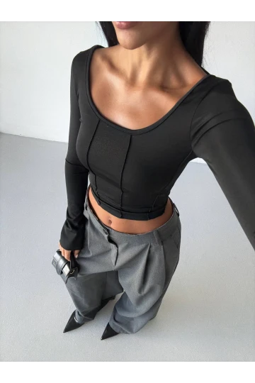 Kadın Siyah Uzun Kollu Arkası Bağlamalı Fit Kesim Crop Bluz HZL25W-FRY122771