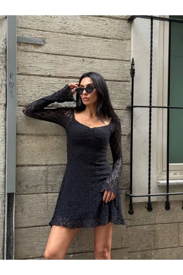 Kadın Siyah Uzun Kollu Dantel Detay Astarlı Kloş Elbise HZL25W-FRY123531