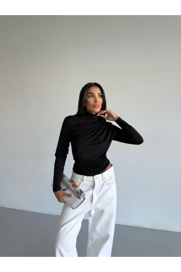 Kadın Siyah Uzun Kollu Drape Detaylı Boğazlı Sandy Bluz HZL25W-FRY123301