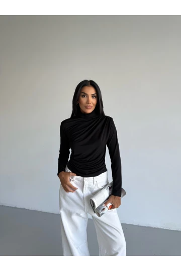 Kadın Siyah Uzun Kollu Drape Detaylı Boğazlı Sandy Bluz HZL25W-FRY123301