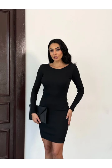 Kadın Siyah Uzun Kollu İp Bağlamalı Sırt Dekolteli Kaşkorse Mini Elbise HZL25W-FRY120411