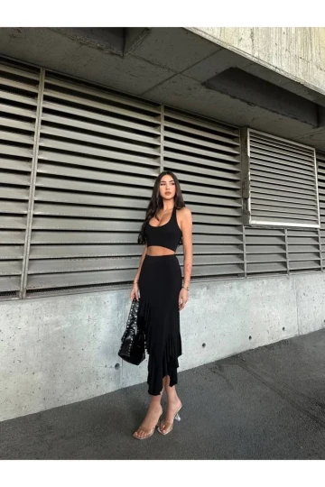 Kadın Siyah Yüksel Bel Dalgıç Kumaş Asimetrik Kesim Etek HZL25S-ZK11701