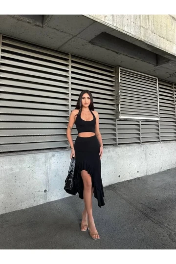 Kadın Siyah Yüksel Bel Dalgıç Kumaş Asimetrik Kesim Etek HZL25S-ZK11701