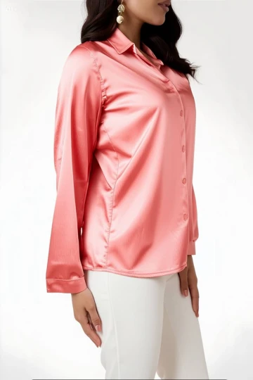 Kadın Somon Hafif Dökümlü Saten Yüzeyli Gömlek HZL22W-BD139641
