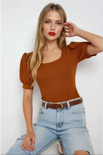 Kadın Taba Kare Yaka Örme Bluz HZL22W-BD104091