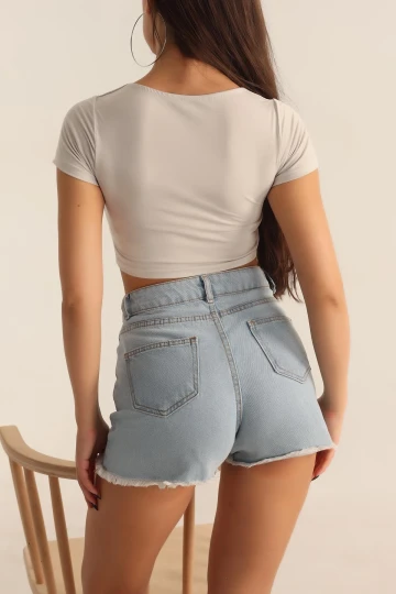 Kadın Taş Kare Yaka Ön Büzgülü Crop Bluz HZL23S-SND120151