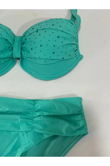Kadın Turkuaz Taş İşlemeli Astarlı Büyük Beden Bikini Takımı HZL25S-LC01
