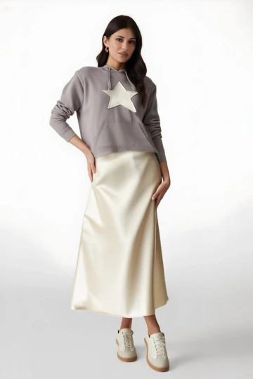 Kadın Vanilya Saten Yüzeyli Beli Lastikli Midi Boy Etek Hzl23s-bd1101471